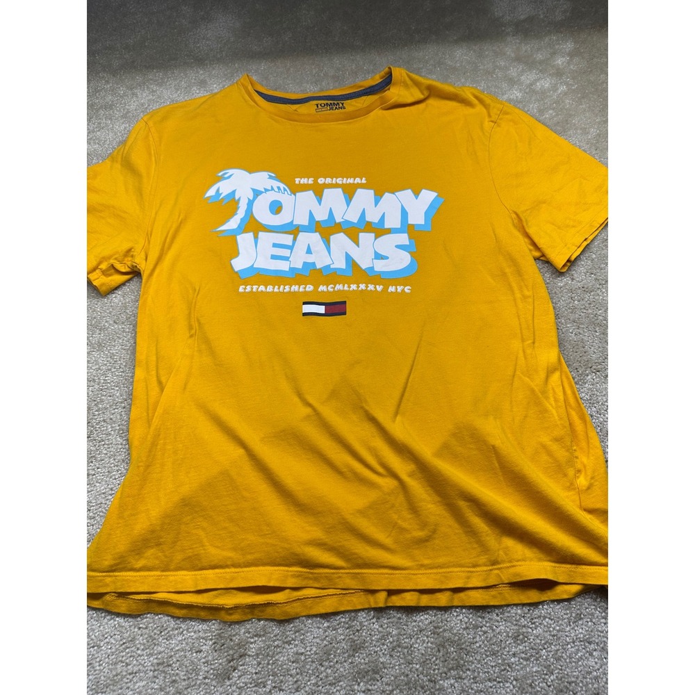 Tommy Jeans Mens XL Yellow Graphic T-Shirt Palm Tree NYC Logo Short Sleeve Tee